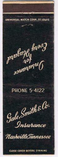 Matchbook Cover Gale Smith & Co Insurance Nashville Tennessee