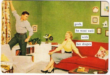 Anne Taintor Comic Postcard Gosh He Went Well With Her Drapes