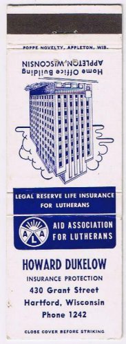 Matchbook Cover Howard Dukelow Insurance Hartfork Wisconsin