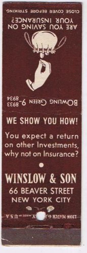 Matchbook Cover Winslow & Son Insurance New York City