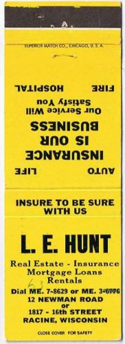 Matchbook Cover L E Hunt Insurance Racine Wisconsin
