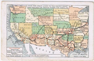 Postcard Fred Harvey Santa Fe Hotels Locations Map