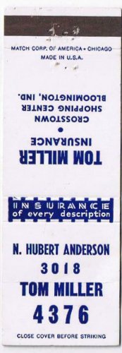 Matchbook Cover Tom Miller Insurance Bloomington Indiana
