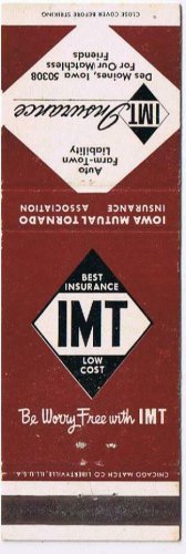 Iowa Matchbook Cover Des Moines IMT Iowa Mutual Tornado Insurance Association