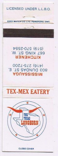 Matchbook Cover Texas Longhorn Tex-Mex Eatery Mississauga Kitchener Ontario