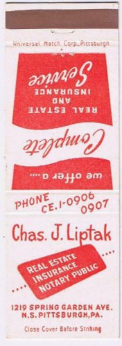 Matchbook Cover Chas J Liptak Insurance Pittsburgh Pennsylvania