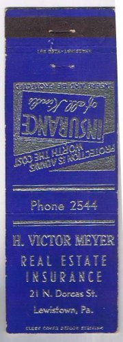 Matchbook Cover H Victor Meyer Insurance Lewiston Pennsylvania