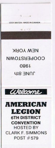 New York Matchbook Cover Cooperstown American Legion Simmons Post #579
