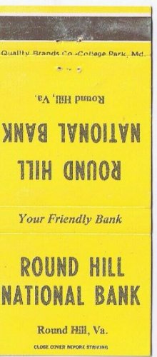 Matchbook Cover Round Hill National Bank Round Hill Virginia Yellow