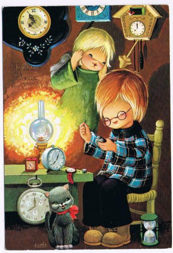 Holiday Postcard Happy New Year Meilleurs Voeux Children With Clocks