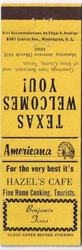 Matchbook Cover Hazel's Cafe Benjamin Texas Welcomes You Yellow
