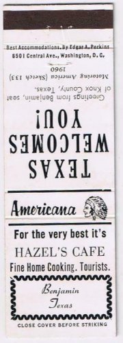 Matchbook Cover Hazel's Cafe Benjamin Texas Welcomes You