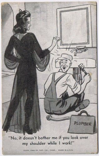 Postcard Comic Plumber Lady In Negligee Dosn't Bother Me If You Look