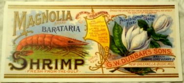 Postcard Magnolia Shrimp Can Label Replicas New Orleans Louisiana Biloxi