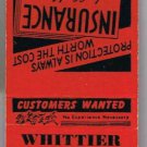 Matchbook Cover Whittier Insurance Agency Whittier California