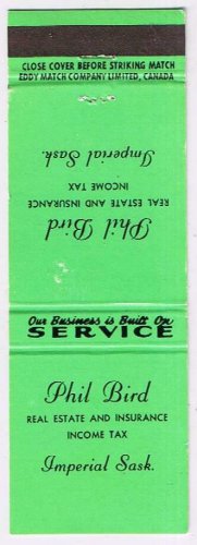 Matchbook Cover Phil Bird Insurance Imperial Saskatchewan Green
