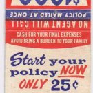Matchbook Cover $1000 Life Insurance Birth To Age 80 White