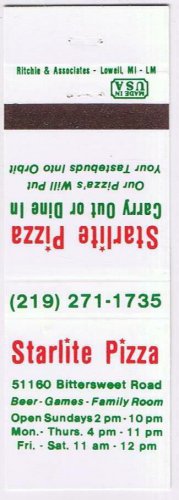 Matchbook Cover Starlite Pizza Granger Indiana