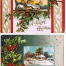 Christmas Postcards (2) Embossed Mistletoe With Inset Home Snow Scenes Germany