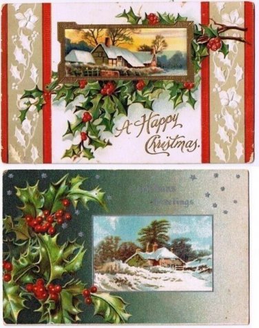 Christmas Postcards (2) Embossed Mistletoe With Inset Home Snow Scenes Germany