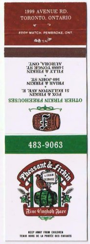 Matchbook Cover Pheasant & Firkin Toronto  & Aurora Ontario