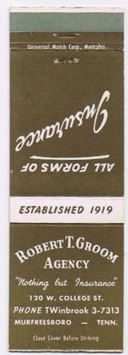 Matchbook Cover Robert T Groom Agency Insurance Murfreesboro Tennessee