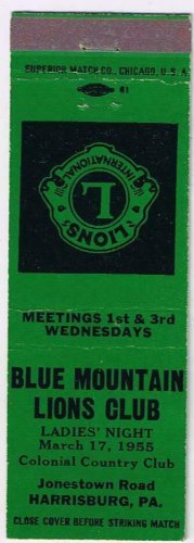 Matchbook Cover Green Blue Mountain Lions Club Harrisburg Pennsylvania