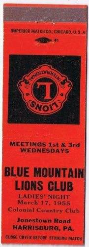 Matchbook Cover Orange Blue Mountain Lions Club Harrisburg Pennsylvania