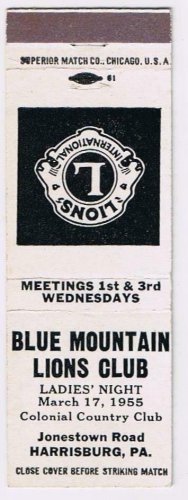 Matchbook Cover White Blue Mountain Lions Club Harrisburg Pennsylvania