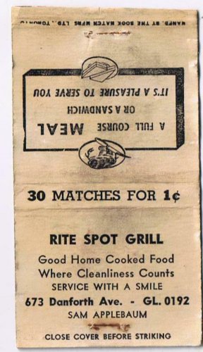 Matchbook Cover Rite Spot Grill Danforth Toronto Ontario Sam Applebaum People's