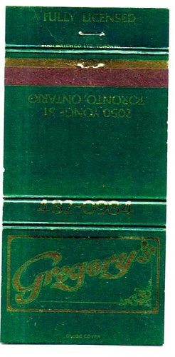 Matchbook Cover Gregorys Toronto Ontario