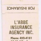 Matchbook Cover L'Abbe Insurance Agency Tomahawk Wisconsin