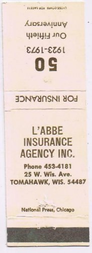 Matchbook Cover L'Abbe Insurance Agency Tomahawk Wisconsin