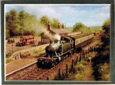 Art Print Great Western Steam Train Red Bus People 7 1/4 x 4 3/4  Matted