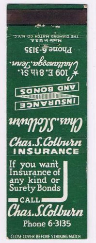 Matchbook Cover Chas S Colburn Insurance Chattanooga Tennessee