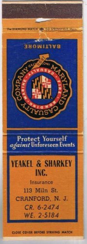Matchbook Cover Yeakel & Sharkey Insurance Cranford New Jersey