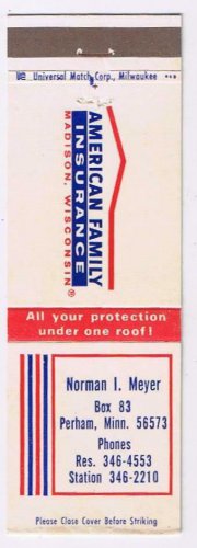 Matchbook Cover Norman I Meyer Perham Minnesota American Family Insurance