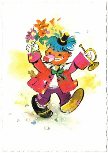 Comic Postcard Clown With Flowers And Horn