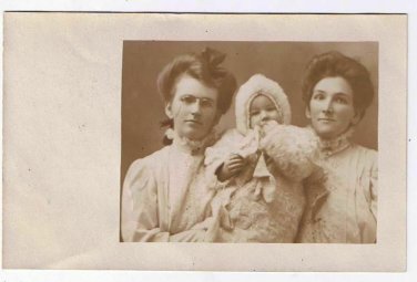 Portrait Postcard Sepia Two Ladies & Baby RPPC Sailboat On Back 1905-08