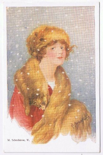 Art Postcard Schechirow Girl With Fox Fur Hat & Collar Snow Redfield Brothers