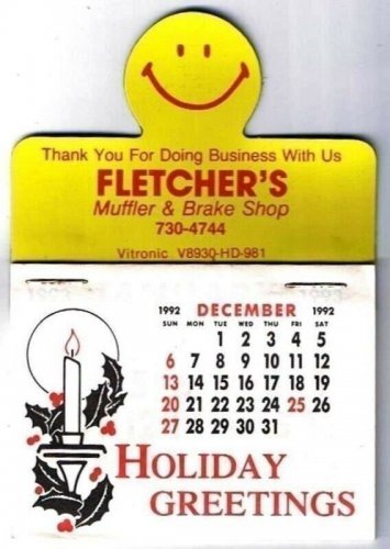 Fletcher's Muffler Brake Shop Happy Face Magnetic Calendar 1993 Fridge Magnet