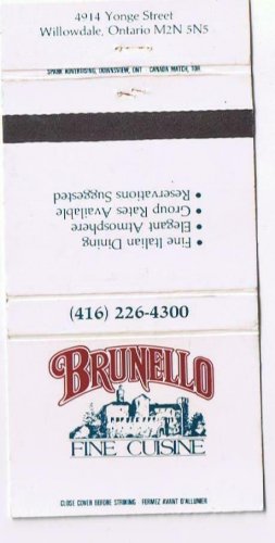 Matchbook Cover Brunello Fine Italian Cuisine Willowdale Ontario