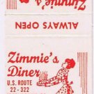 Matchbook Cover Zimmie's Diner Mifflintown Pennsylvania