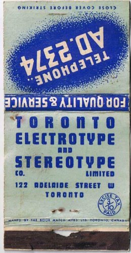 Matchbook Cover Toronto Electrotype & Stereotype Toronto Ontario
