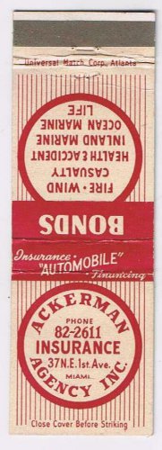 Matchbook Cover Ackerman Insurance Agency Miami Florida
