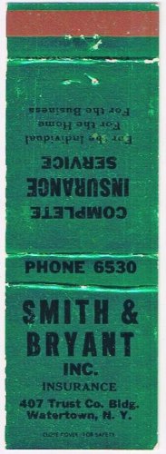 Matchbook Cover Smith & Bryant Insurance Watertwon New York