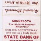 Matchbook Cover State Bank Of Egerton Minnesota 100th Anniversary