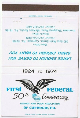 Matchbook Cover First Federal Saving & Loan Of Carnegie Pennsylvania