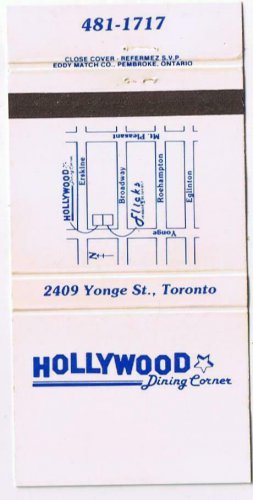 Matchbook Cover Hollywood Dining Corner Toronto Ontario