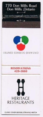 Matchbook Cover Heritage Restaurants Ontario Science Centre Don Mills Ontario